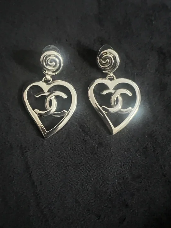 CHANEL Silver Open Heart CC Drop Earrings - Picture 1 of 8